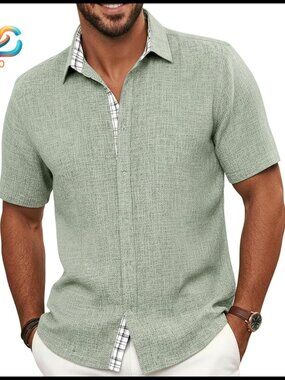 Men's Large Short Sleeve Button Down Shirt Polyester Blend Casual Summer